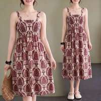 Women Floral Print Spaghetti Strap Midi Dress Square Neck Shirred Waist Casual Sundress