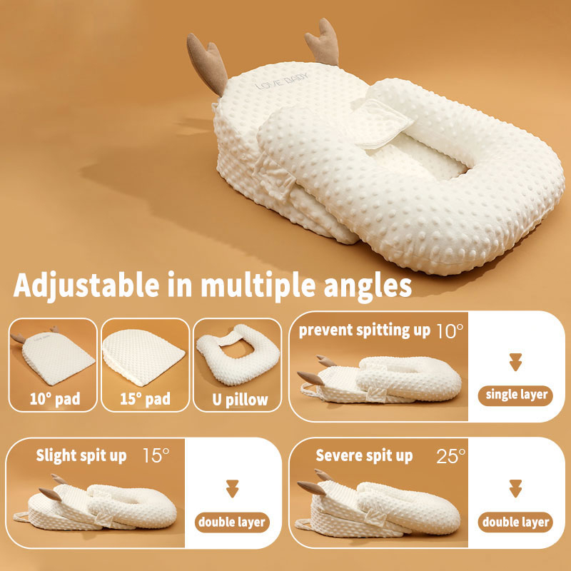 Baby Pillow Anti-Spill Milk Pillow Adjustable Angle Portable Double Layer for 0 - 3 Year Old Newborns Soft and Breathable