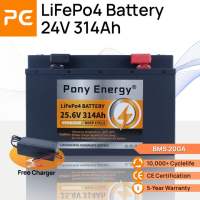 PonyEnergy 24V 314Ah LiFePo4 Battery 8038Wh with Voltage Display Intelligent BMS Series-Connectible Stainless Steel Case Includes Charger Lithium Iron Phosphate Battery