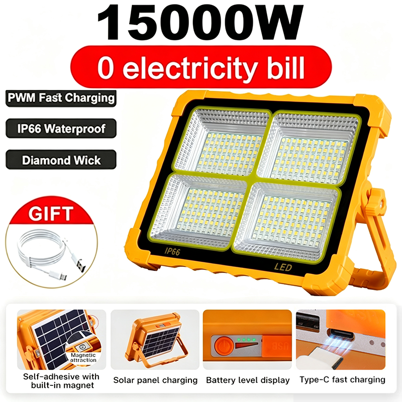 Portable Solar Flood Light IP66 Waterproof 4 Lighting Modes Solar & USB Charging Emergency Outdoor Camping Lamp