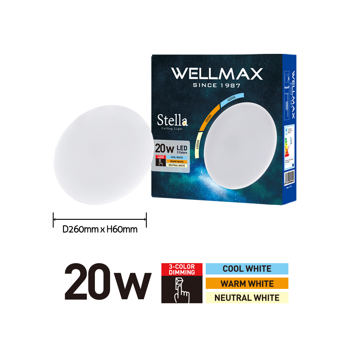 WELLMAX Ceiling Light Adopt SAMSUNG LED Chip Tricolor Surface 20W-45W