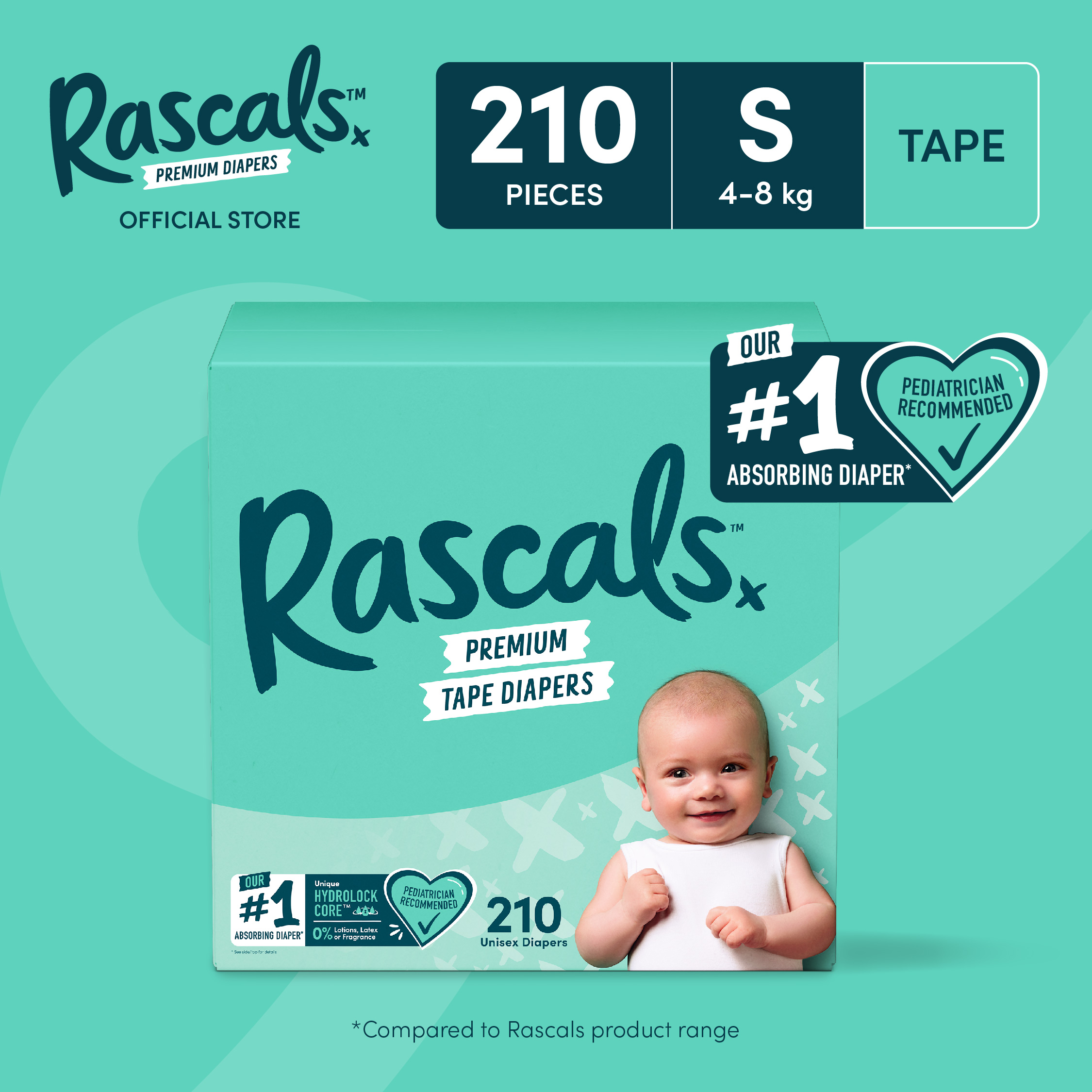 RASCALS Tape Super Jumbo Box Small (4-8 kg) - 70 pcs x 3 (210 pcs) - Tape Diapers