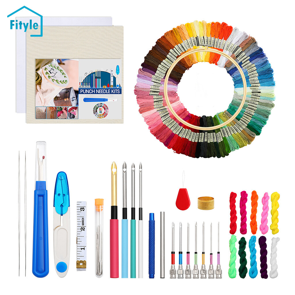Fityle Assorted Punch Needle Kit DIY Embroidery Hoop Knitting Threader Tools Set