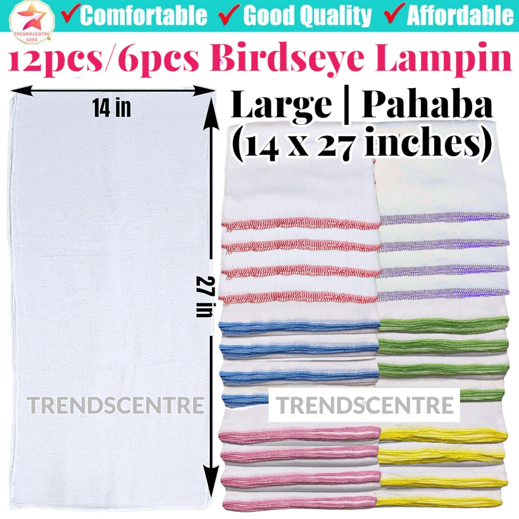 12pcs or 6pcs Birdseye Lampin for New born Baby Cloth Diaper with Colored Edging Stitches Large (14x27 inches) Small (10 x 27 inches)
