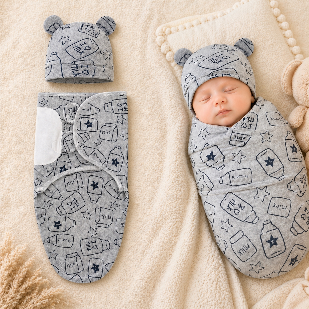 Phanqy Baby Swaddle Wrappers Bonnet Set Cotton Sleep Bag Adjustable Magic Sticker Gift For Newborn