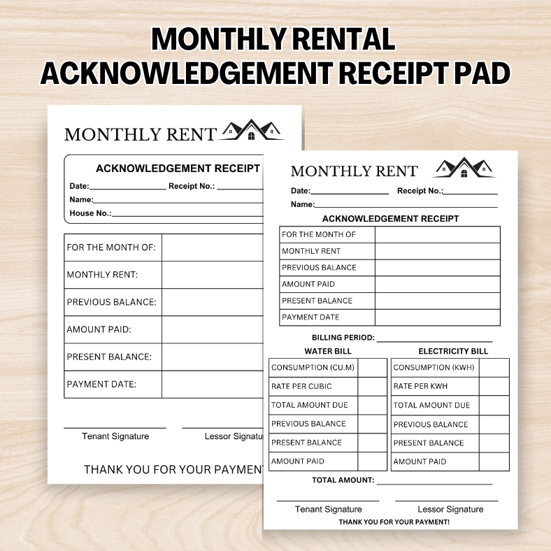 JM Creatink All in One Monthly Rent / Water Bill / Electricity Bill Acknowledgement Receipt Pad 4x6 inches (50 Pages)
