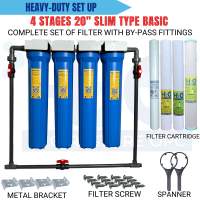 4 Stage 20″ Slim Type Whole House Water Filtration System Blue Housing with UPVC By-Pass Fittings