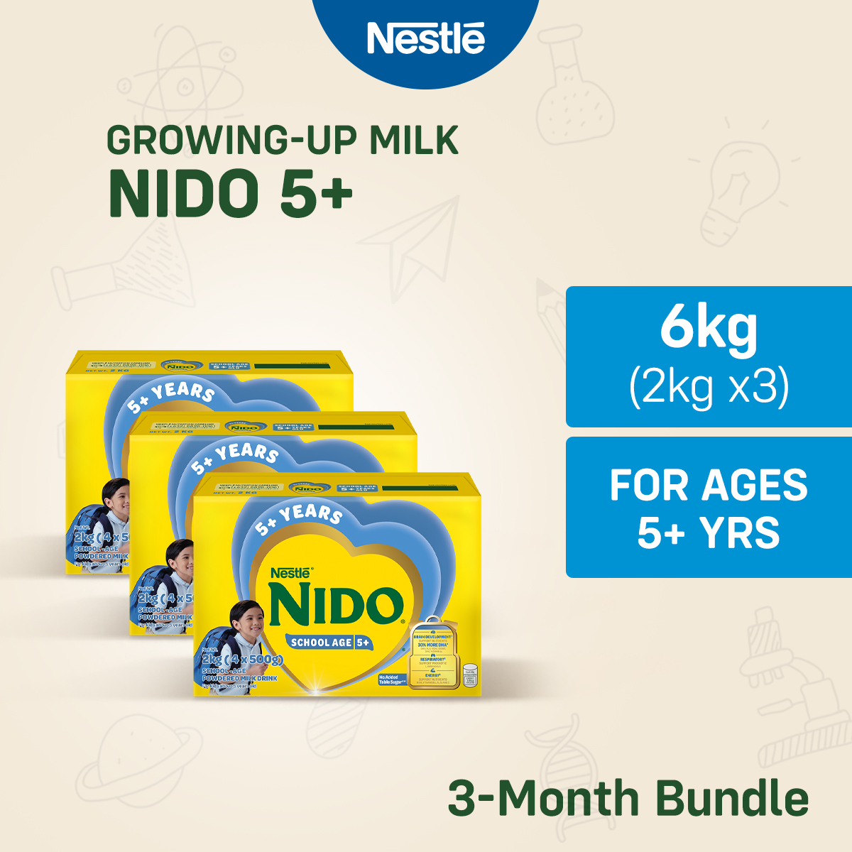 NIDO 5+ Growing-Up Milk Powder for School-Age Children 5+ Years Old 6kg (2kg x 3)
