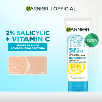 Garnier 2% Anti Acne Salicylic Acid 3-in-1 Facial Cleanser (100ml) w/ Vitamin C Niacinamide AHA - Skincare for pimple open pores acne prone skin