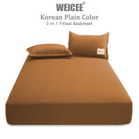 WEICEE 3 in 1 Bedsheet No Lukot No Gusot Korean Plain Bedsheet Set（1 Fitted Sheet + 2 Pillowcases）Single/Double/Queen/King Size Bed Sheet Cover With Garter