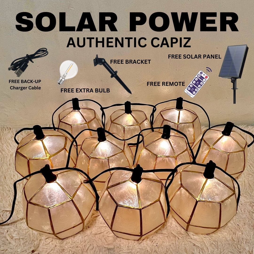 Capiz Solar Power or Plug In Type 10 pcs per Set Free Bulbs Water Resistant For Outdoor Use Free Bulb Capiz Shell Capiz Lantern Capiz Ball Solar power Variant with Remote Bulb Bracket for installation with Solar Panel Ready to use Energy Saving automatic