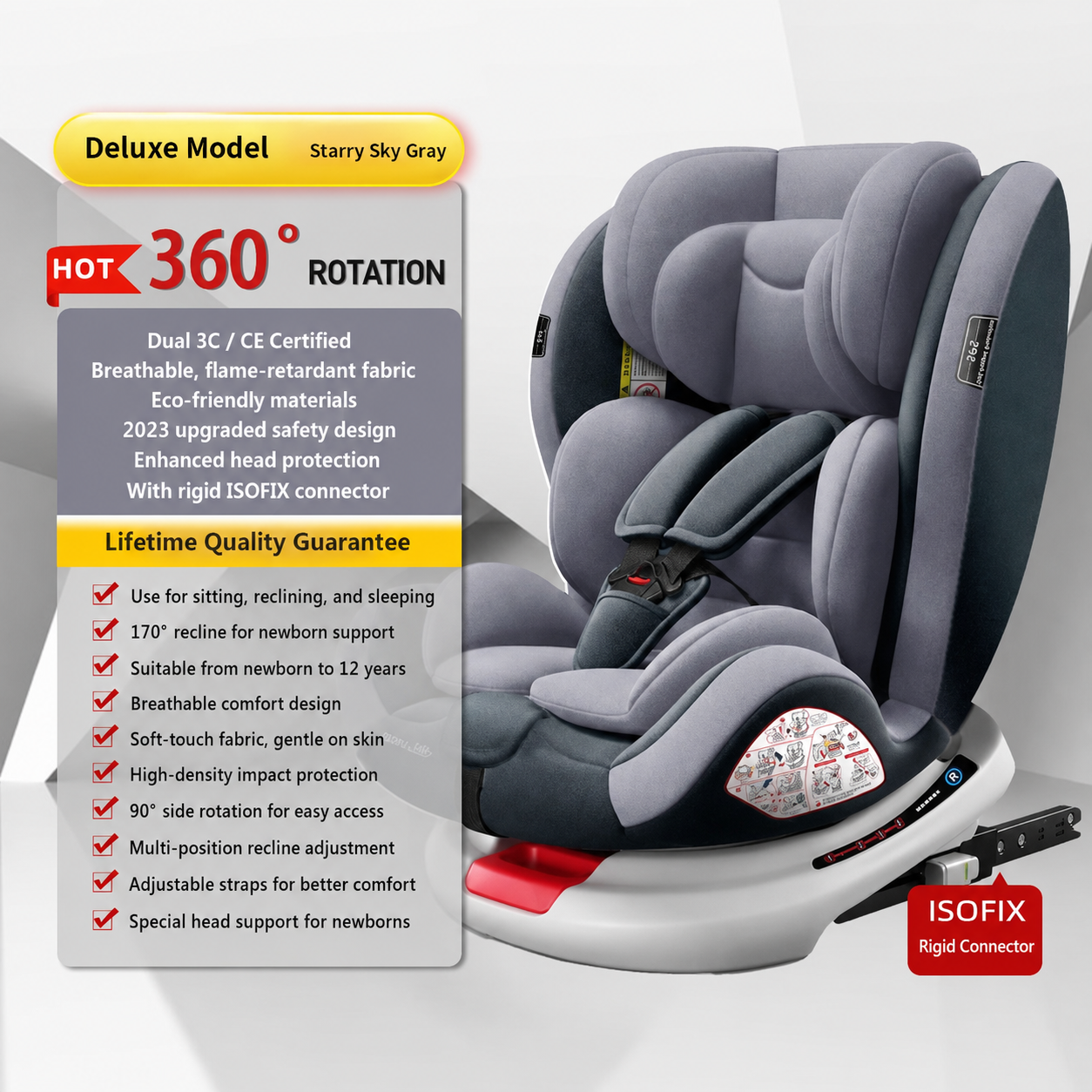 Beige Baby Car Safety Seat For Kids 0-12 Years Old With ISOFIX LATCH 5-Point Harness 165° Recline All Round Protection Adjustable Cushion Safe Child Carrier