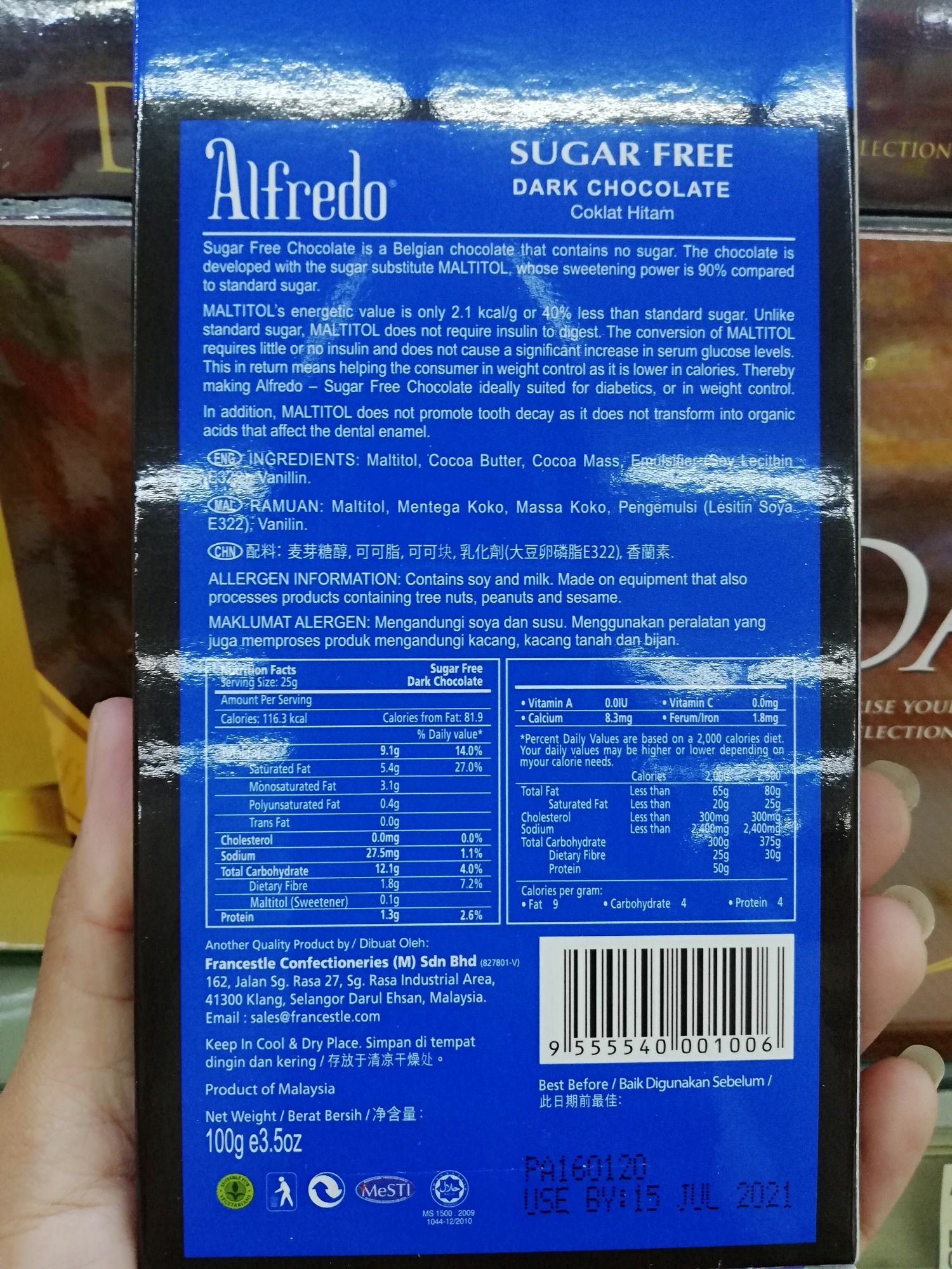 ALFREDO DARK CHOCOLATE 100grams SUGARFREE SUITABLE FOR DIABETICS