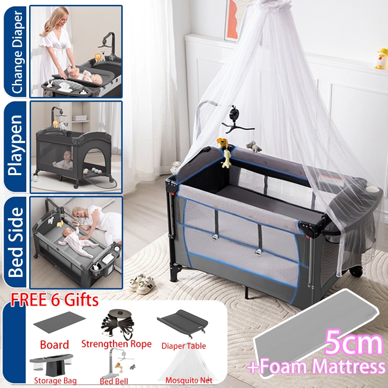 5 in 1 Portable Crib For Baby One-Handed Setup Baby Crib Pack and Play with Removable Change Station