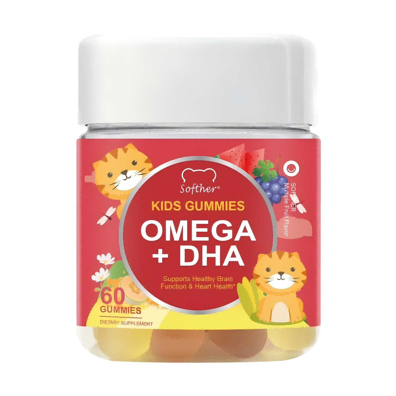 SOFTHER OMEGA + DHA Brain for Kids Gummies Vitamin C Support Healthy Immunity Natural Energy Gummy Rich in Probiotics Vegan Supplement for Heart Health Support Brain Development 60 Gummies