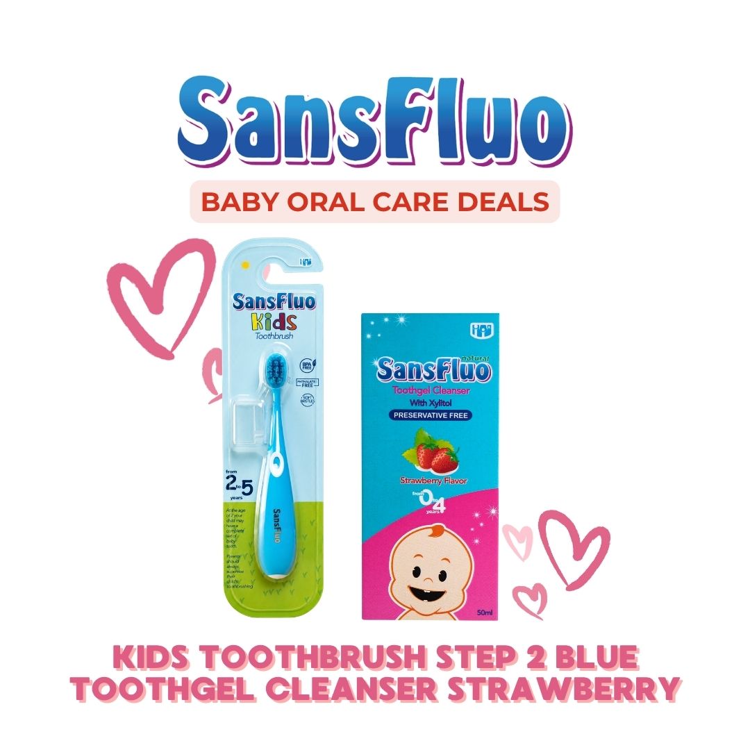 SansFluo Natural Toothgel Cleanser Strawberry 50ml with SansFluo Kids Toothbrush Step 2 Blue - Oral Care