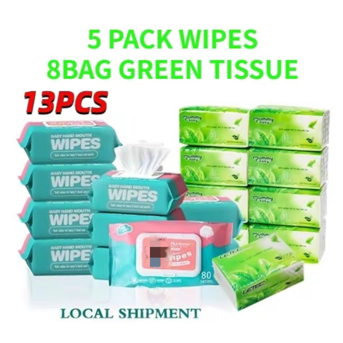 （BUY 5 GET 8 FREE）300 Sheets x 8Packs Organic GreenTea Facial Tissue 3ply And 5Packs Baby Wipes Napkin
