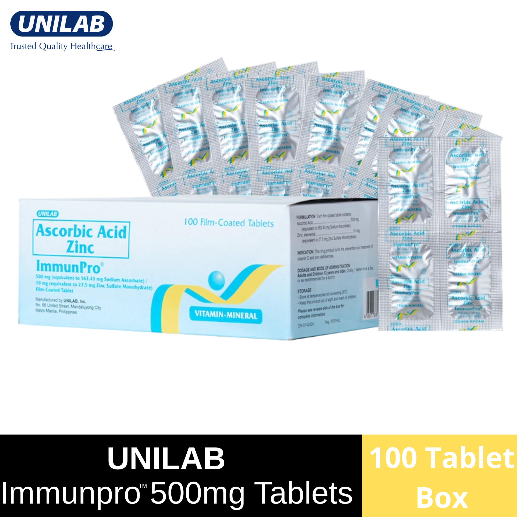 Unilab Immunpro Ascorbic Acid Zinc 100 Tablets Vitamin C and Zinc Exp 2028