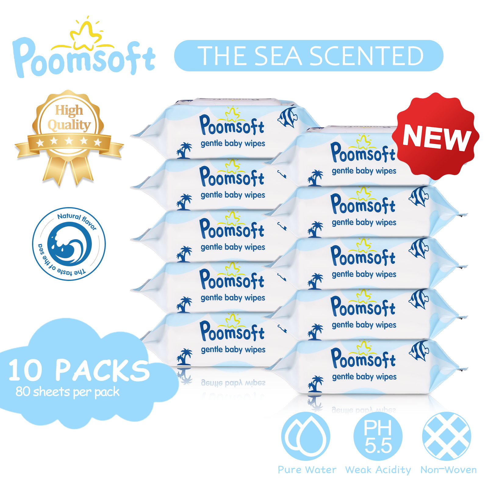Poomsoft 10 Packs x 80 Sheet Baby Wipes Sea Scent Gentle Alcohol-Free Disposable Cotton Wipes