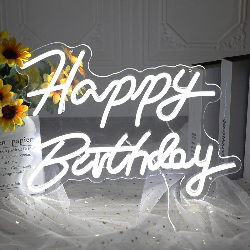 Contemporary Neon Happy Birthday Sign LED Light-Up Wall Art for Any Age Easy-to-Install Home Décor Fast Delivery