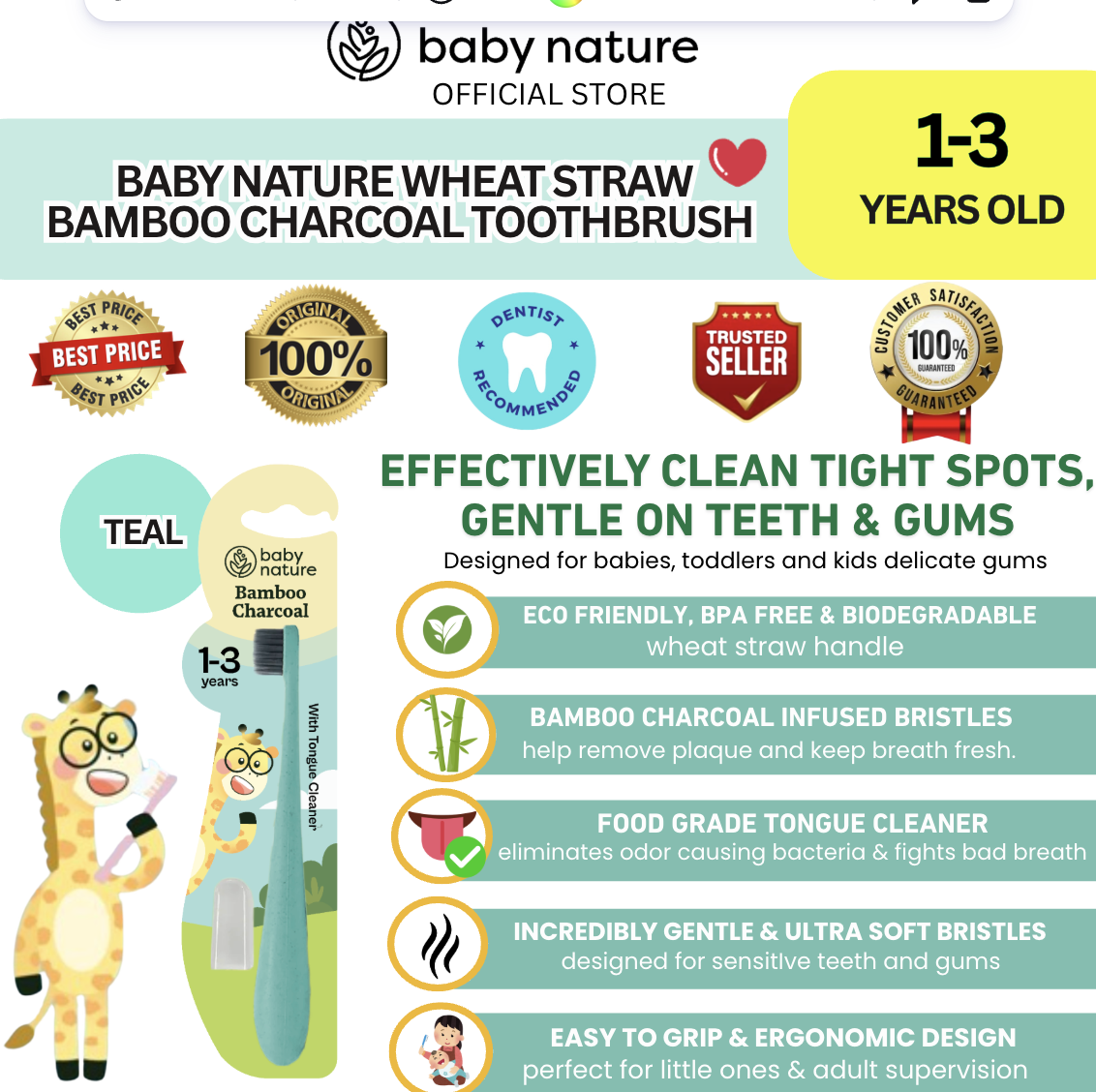 Baby Nature Wheat Straw Ultra Fine Bristles Bamboo Charcoal Toothbrush (1-3 years old)