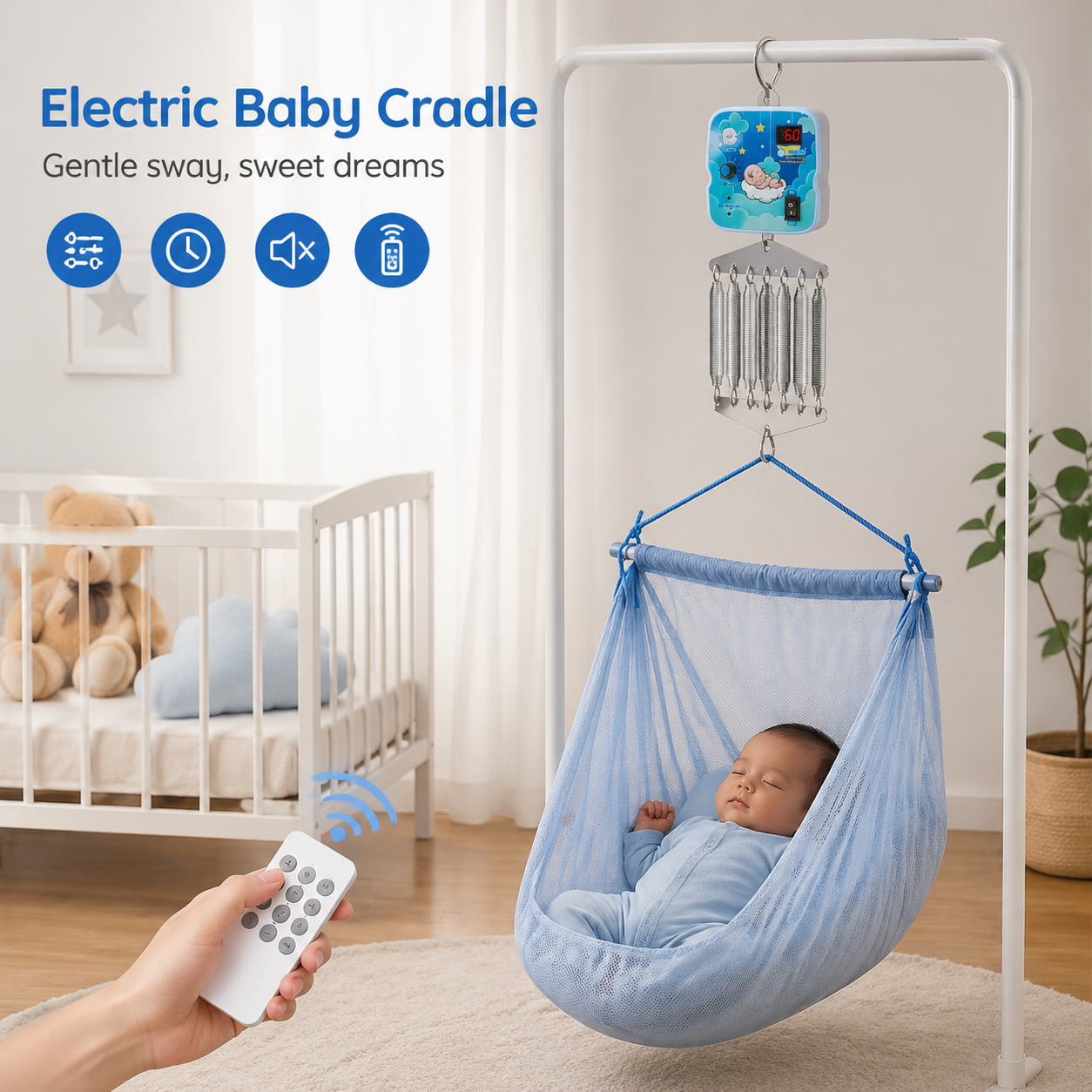 Electric Baby Cradle Swing – Smart Remote Control Soothing Hammock System with 9 Speeds & Timer