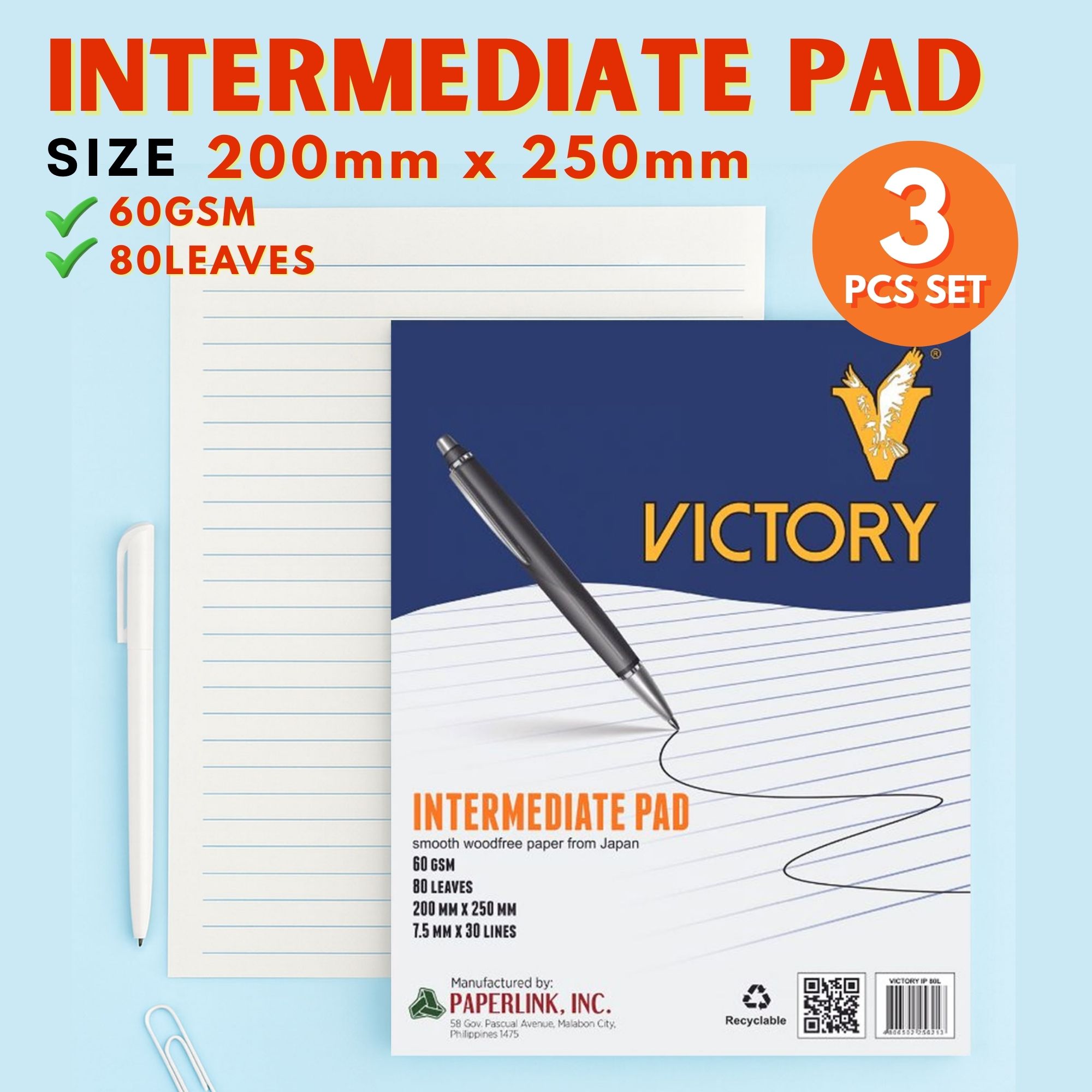 Victory Intermediate Pad 80 Leaves 60gsm 200x250mm Writing Pad Notebook for School Office Journal 3 Pcs Set