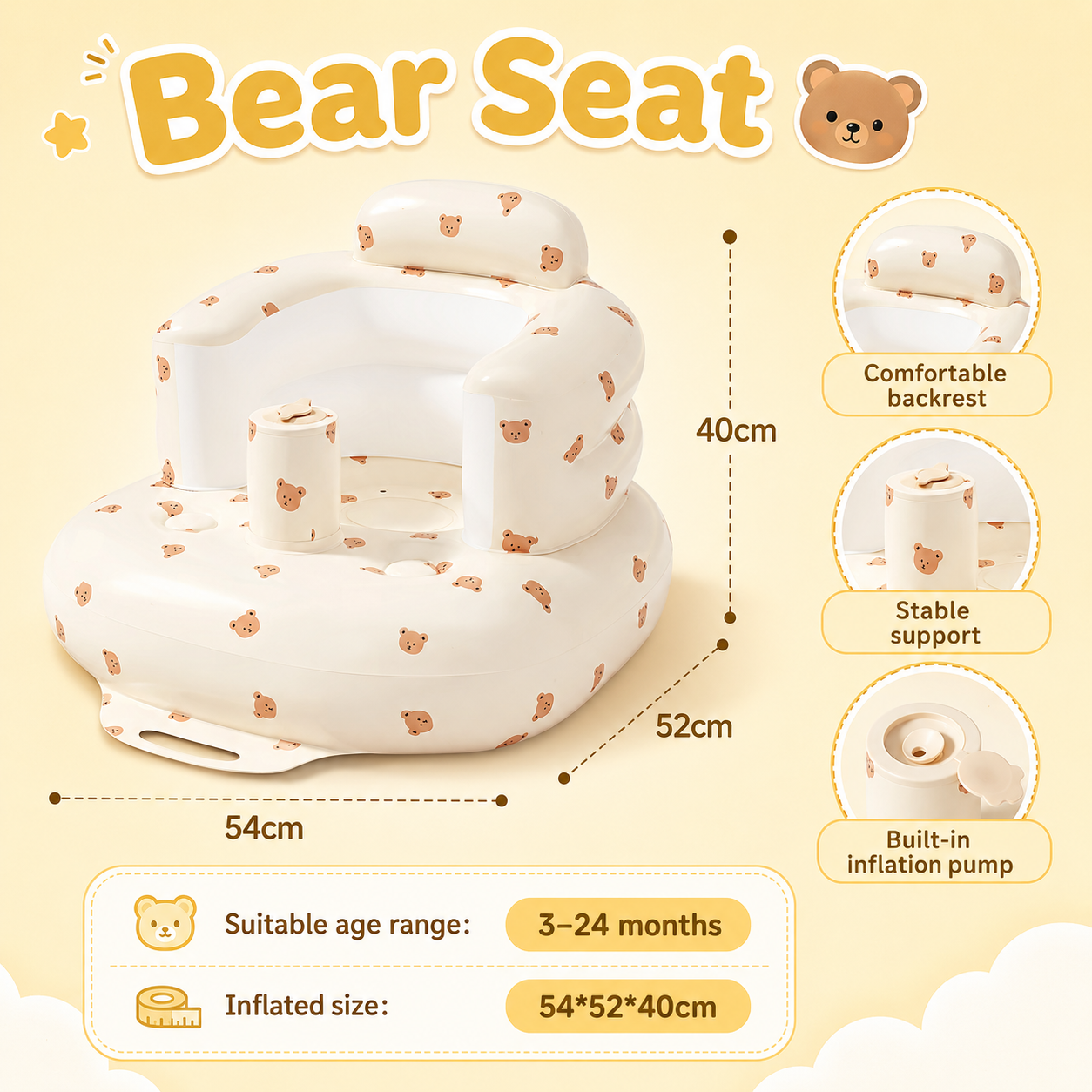 Portable Inflatable Baby Chair with Air Pump Thickened Seat for 4-36 Months Training Seat for Sitting & Feeding Easy Clean & Fold