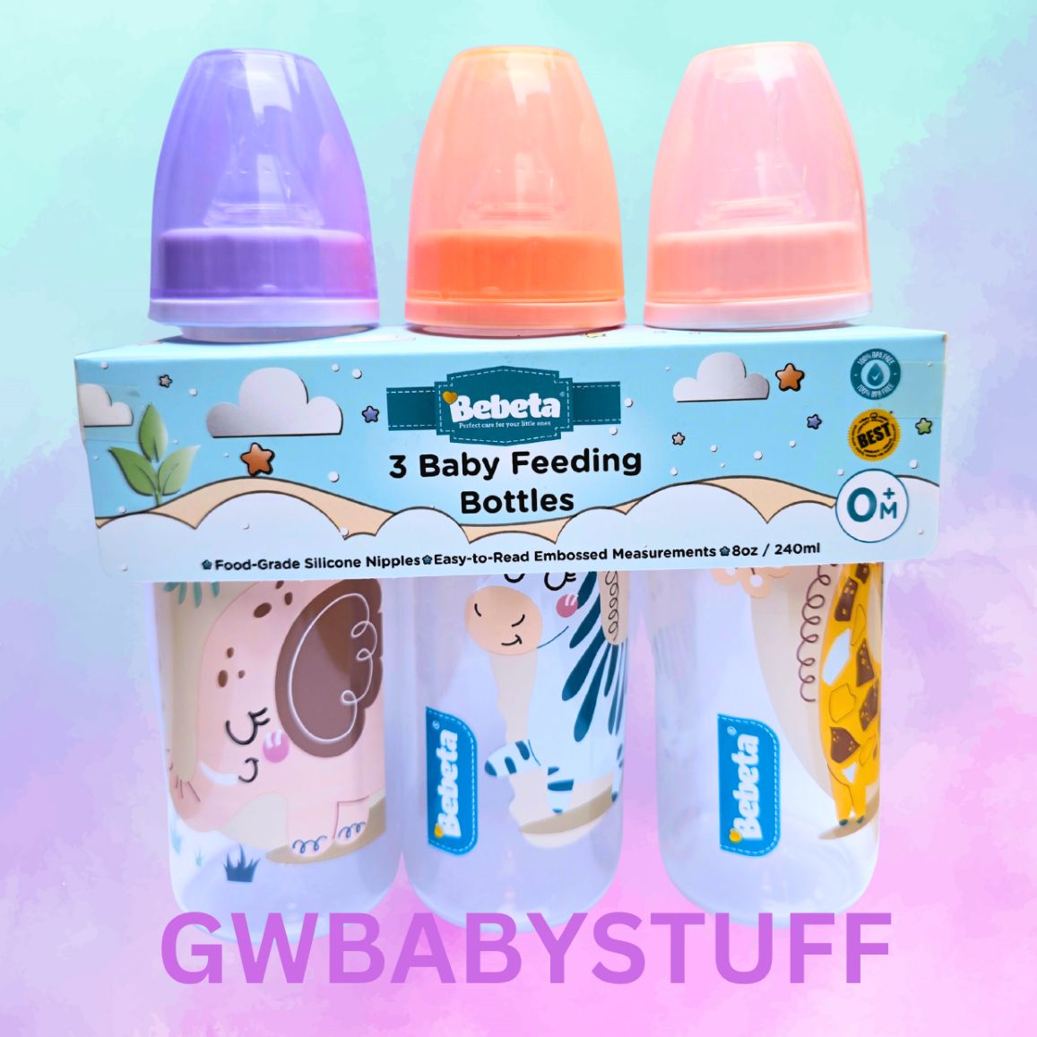 Bebeta Feeding Bottle 8oz Regular Neck w/Scale Hood & Animal Print 3pcs Per Pack
