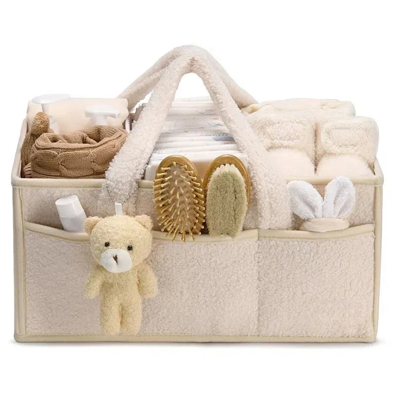 Foldable Teddy Bear Diaper Caddy Organizer Large Capacity Baby Essentials Storage Box Portable Car Seat Caddy with Long Handle & Modular Inserts