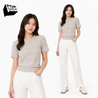 Pop Shop Ladies Short Sleeves Jacquard Scallop Top - Oatmeal