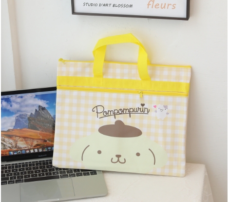 Cute PU waterproof plaid series cartoon handbag student tutoring bag A4 double-layer portable file bag information bag storage bag travel bag
