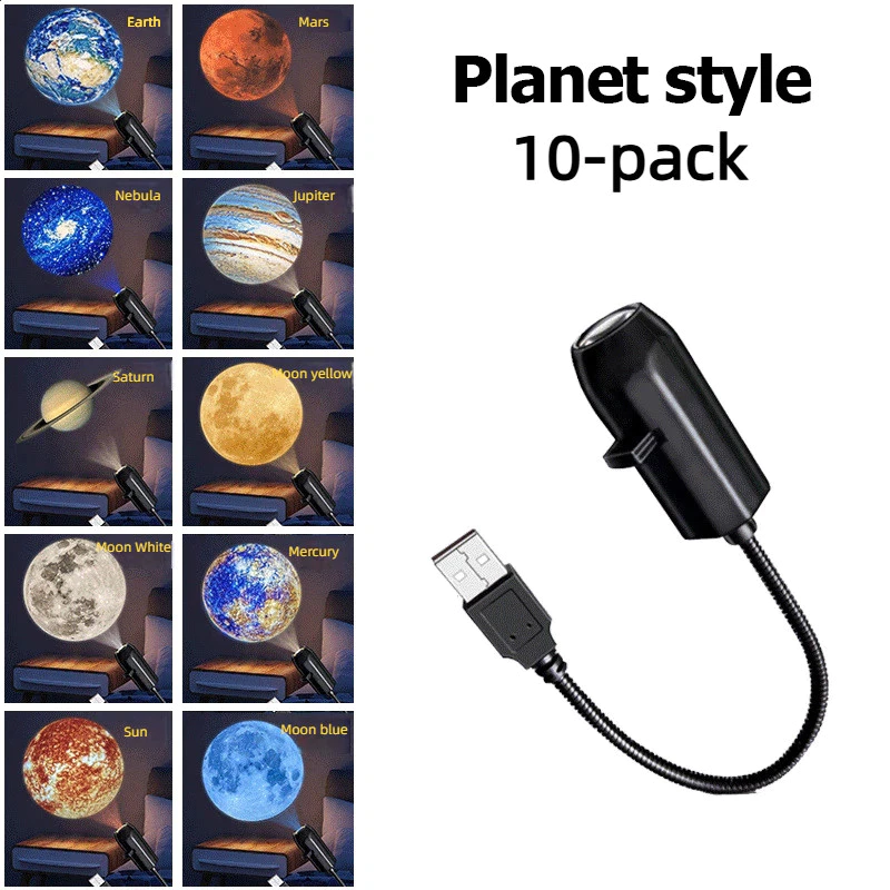 Moon Lamp Night Light 10 in 1 Moon Projector Night Light with 360° Adjustable Angle USB Charging Star Projector Mood Lighting for Bedroom Ceiling Room Decor (1-10 Slides)