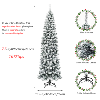 NUVOX 7.5ft Snow Flocked Pencil Christmas Tree Hinged Artificial Slim Xmas Tree W/ 1075 Branch Tips Folding Metal Stand Premium PE & PVC Material Unlit Snowy Pine Tree for Indoor Home Office