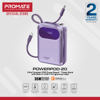 Promate PowerPod-20 20000mah Ultra Compact 35W Fast Charging Power Bank with Built-In USB-C & Lightning Cable Small Power Bank for iPhone Android