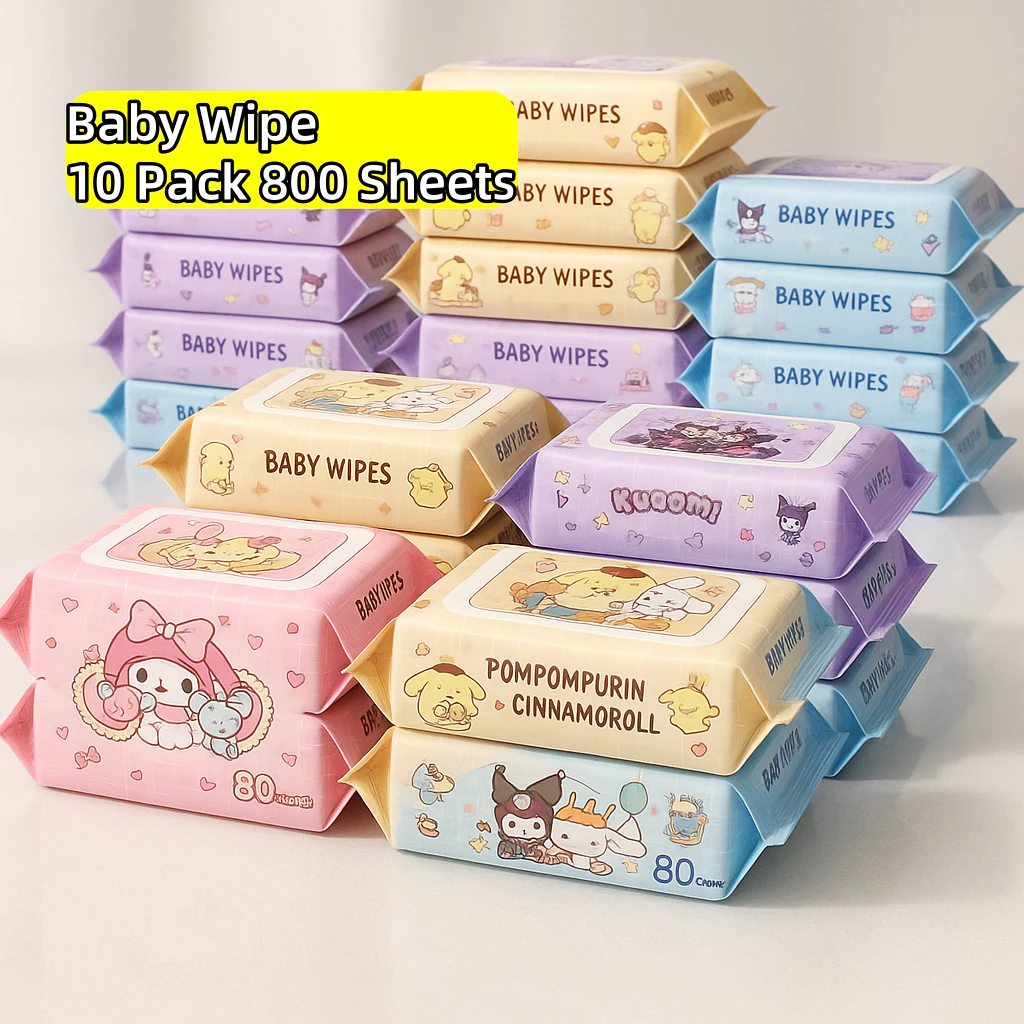 RL Baby Wipe 10PACK 800 Sheets Cartoon Designs Alcohol-Free Soft Wet Wipes for Hands & Mouth Care 80 Sheets/Pack Cottony Material Gentle on Delicate Skin