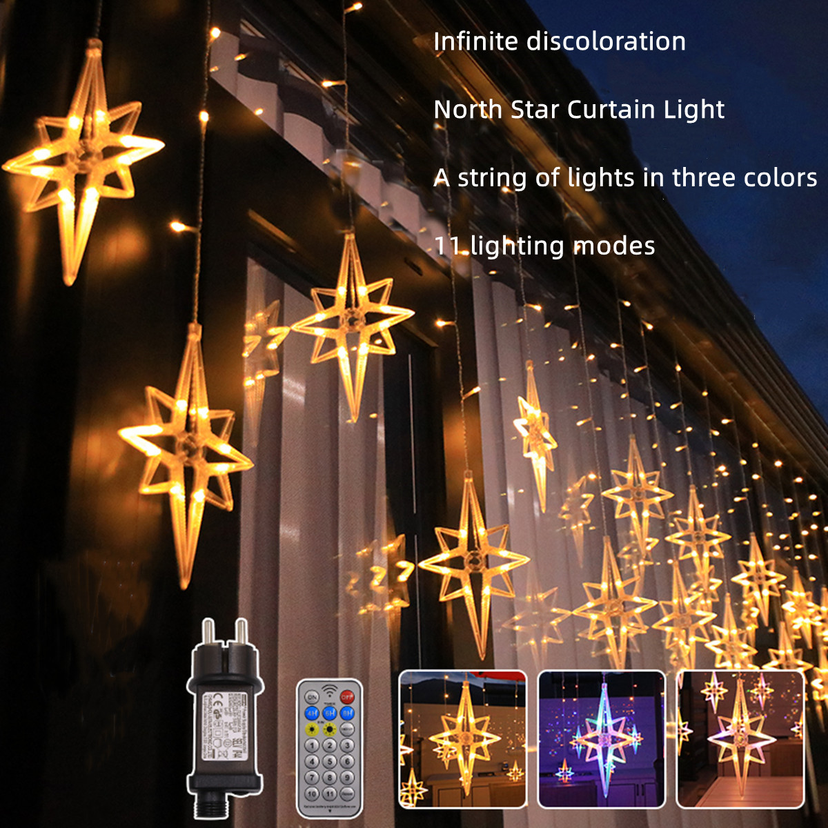 3.5M 3 colors Solar LED North Star Curtain Light waterproof Christmas Fairy Lights Wedding Party decor Powered 11 modes Outdoor For Camping Lamp