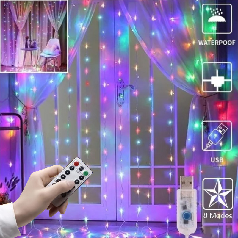 Window Curtain String Lights 8 Lighting Modes Copper Wire Fairy Lights Room Curtain Hanging Lights Remote Control USB Powered Waterproof Twinkle Star Lights for New Year Christmas Bedroom Party Wedding Home Garden Wall Decorations