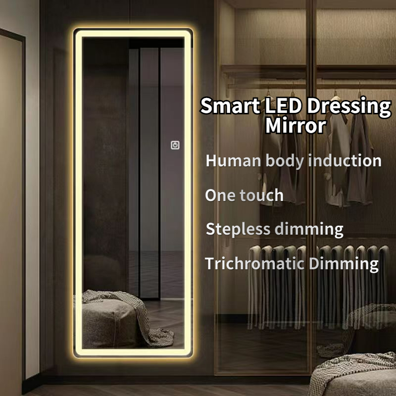 Full-length mirror modern smart LED dressing mirror Nordic style living room bedroom bathroom hotel dressing mirror one piece touch human body induction three-color light dimmable 140cm*50cm