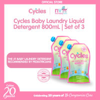 Cycles Baby Laundry Liquid Detergent (x3) - Hypoallergenic Free & Clear of SLS and SLEs. Best and safe for Newborns Infants and Toddlers - Recommended by Pediatricians! 60 light loads -  800mL Easy-Pouch