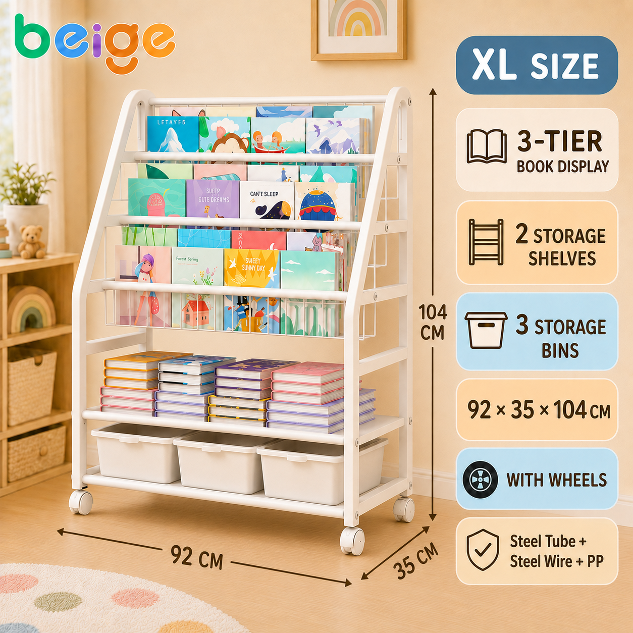 Multifunctional Kids Bookshelf & Toy Storage Rack 5-Tier Display Bookcase Organizer with Safety Design for Bedroom Playroom Nursery