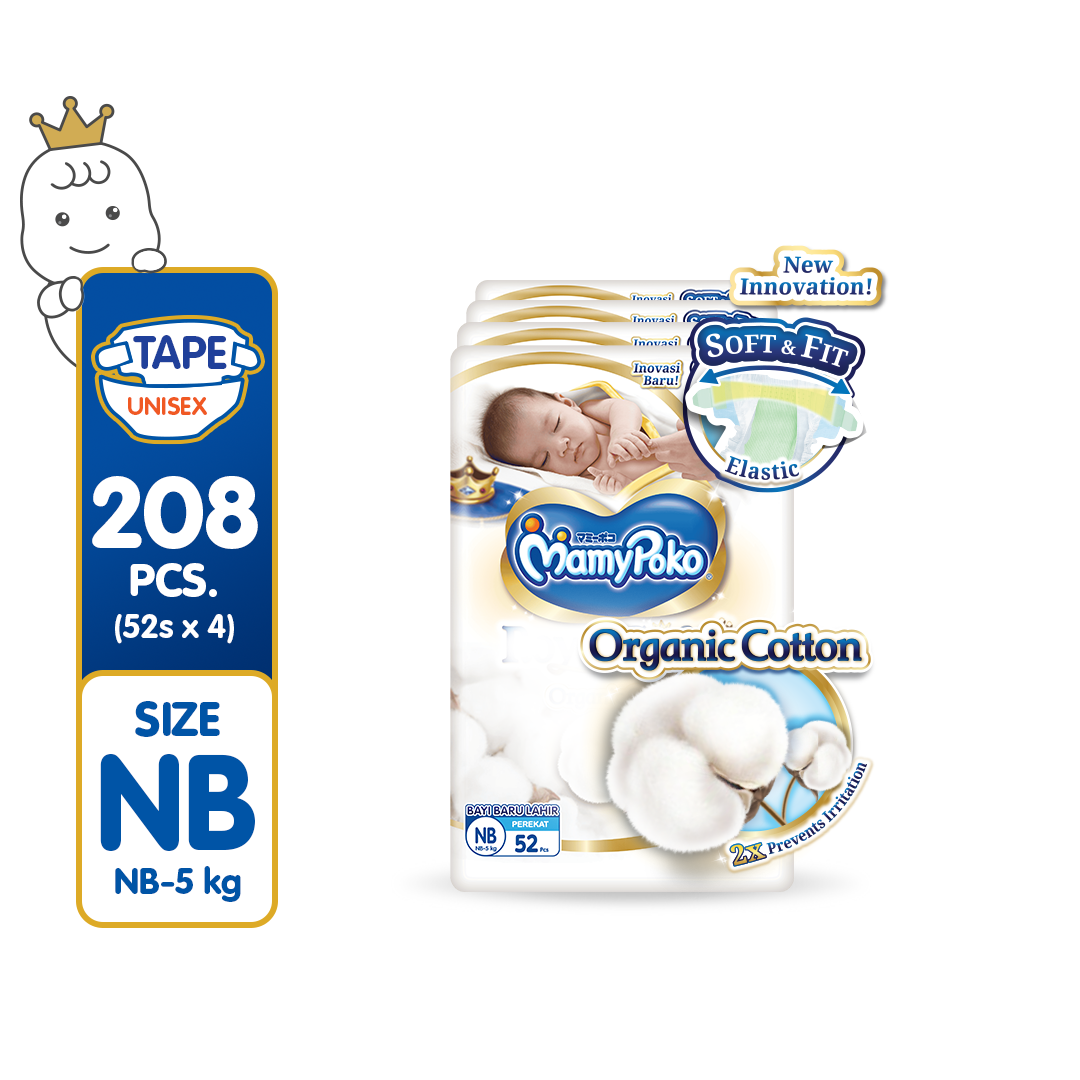 MAMYPOKO Royal Soft Organic Cotton Baby Disposable Diaper Tape Newborn 52 pcs x 4 packs (208 pcs)