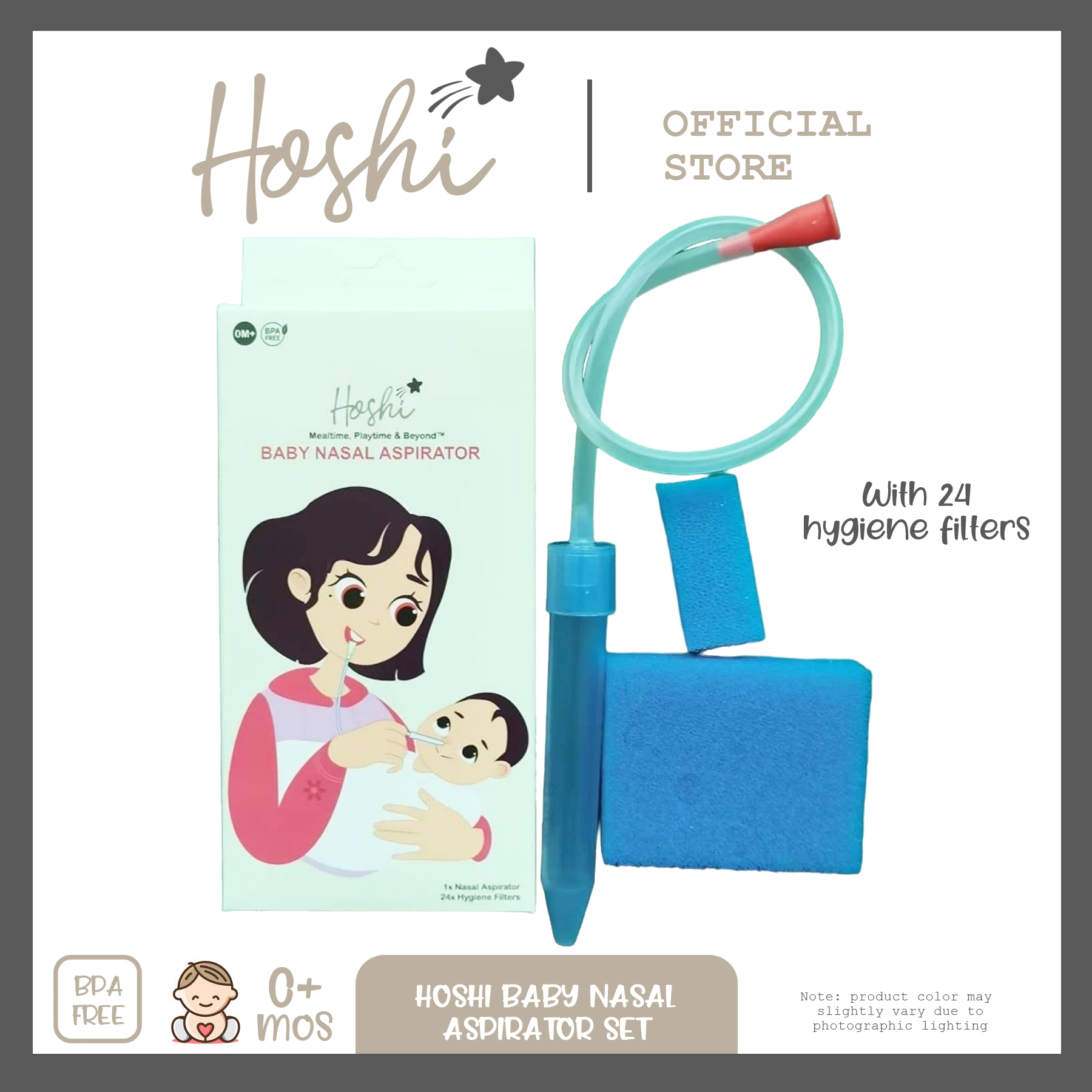Hoshi Baby Snot Sucker Nasal Aspirator Nose Cleaner Suction Syringe with 24 Hygiene Filters 0Mos+