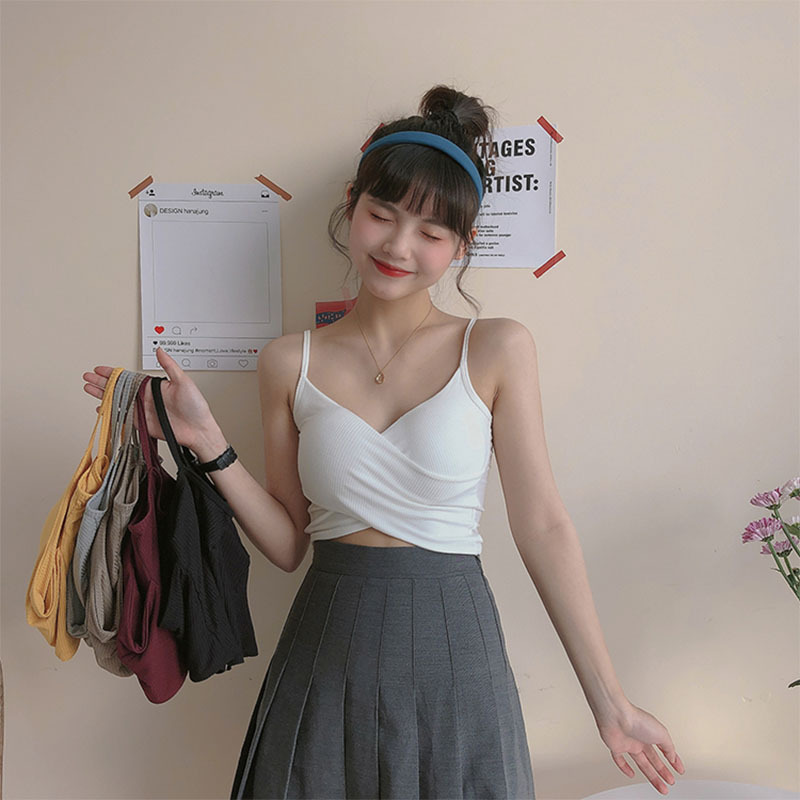 Korean style sexy bottoming short vest Cross halter top for women