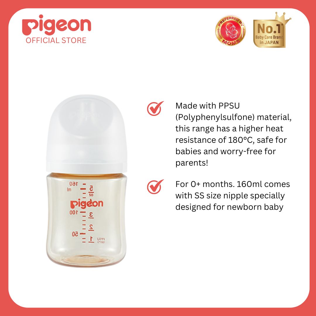 Pigeon Official - New and Improved Wide Neck PPSU Feeding Bottle 160ml 1pc Size SS Round Hole Nipple for 0+ Months Babies Anti Colic No Nipple Confusion AVS System Latch On Line BPA Free Ultra Soft Flexible Nipples Japan No. 1 Brand