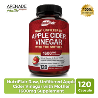 NutriFlair Raw Unfiltered Apple Cider Vinegar with Mother 1600mg Supplement -120 Vegetable Capsule