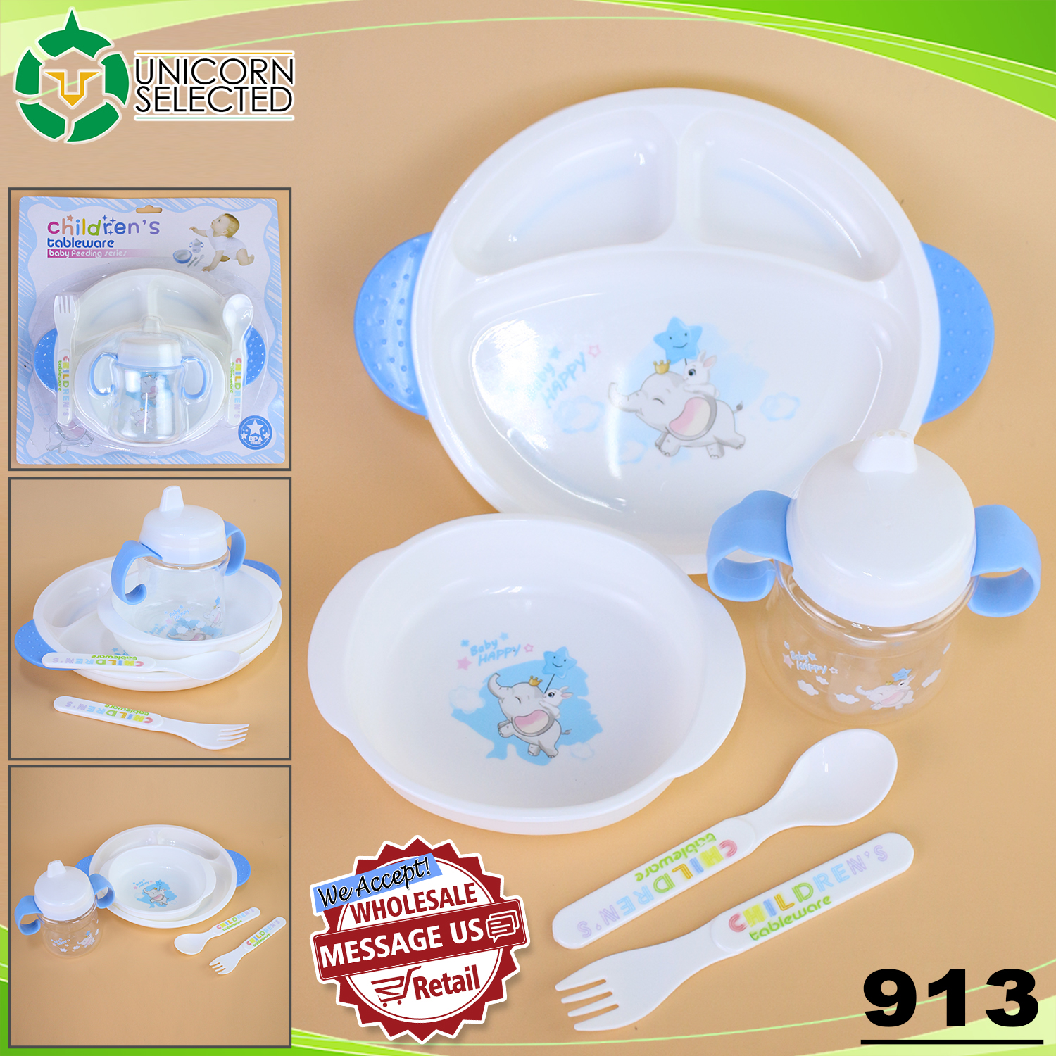 Unicorn Selected 911 6 IN 1 Baby Divided Plate with Spoon Fork Bowl Set for Kids