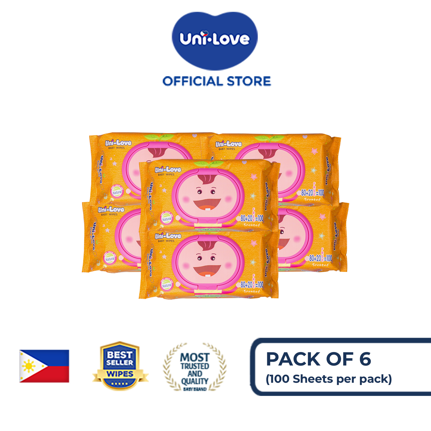 UniLove Powder Scent Baby Wipes 100s Pack of 6 - 99% Water| Hypoallergenic | Alcohol Free | No harmful chemicals | with Aloe Vera | Safe & Gentle | FDA Approved
