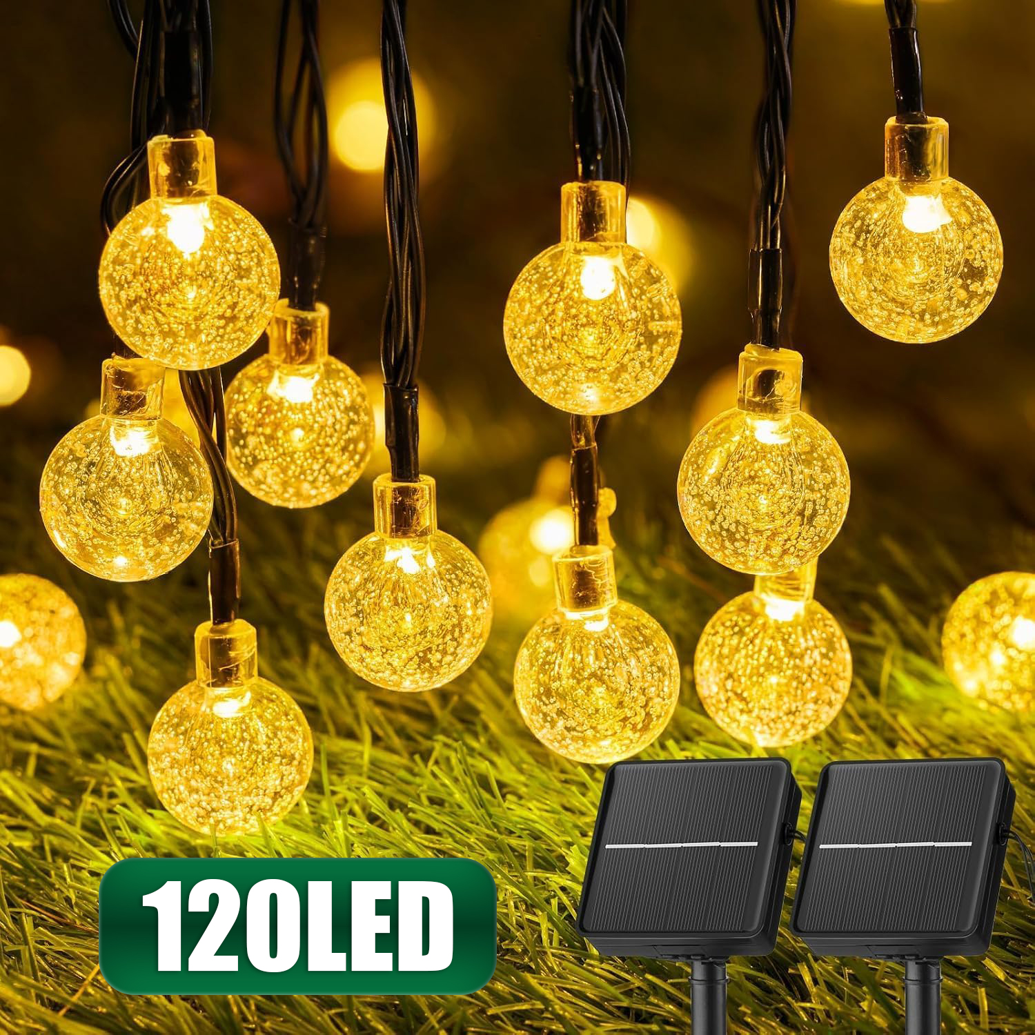 Solar String Lights Outdoor with 2 Lighting Modes Waterproof Solar Powered Crystal Globe Patio Lights for Garden Yard Porch Wedding Christmas Party Decor