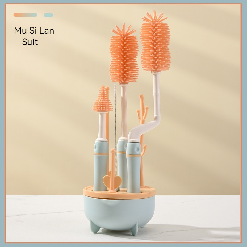 Baby Silicone Bottle Brush Colorful Long Handle Cleaning Brush 360 Degree Rotating Bottle Cleaning